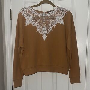 SHEIN Tan Blouse with White Lace Accent